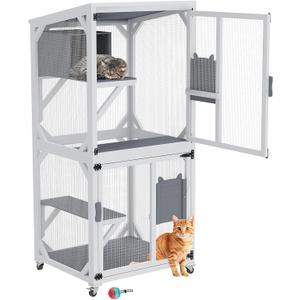 Catio Outdoor Cat Enclosure, Cat Condo for Patio, Wooden Movable Cats Cage with 4 Wheels, Outside Cats House Weatherproof, Cats Condo Outdoor with 3 Platforms