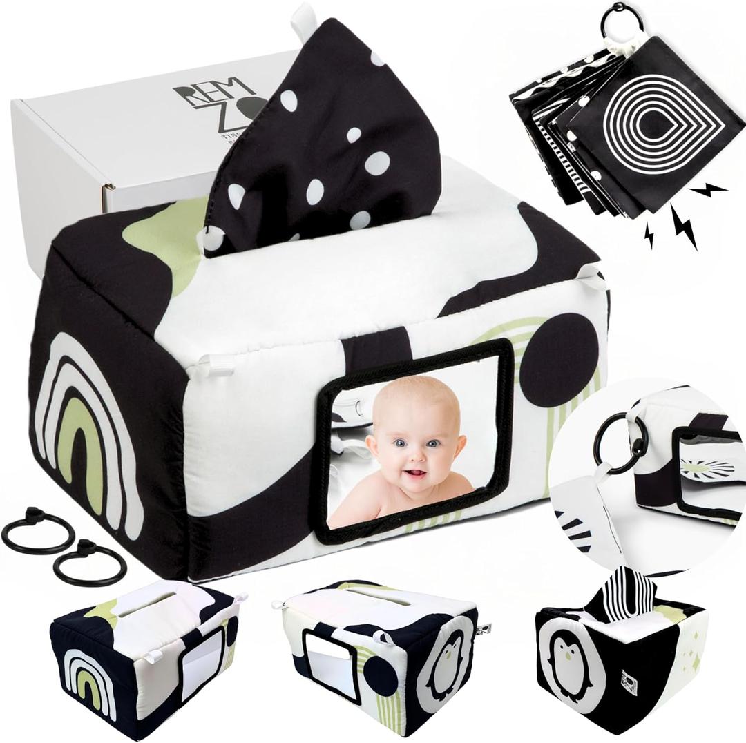 REMZO Baby Tissue Box Toy 3-in-1 w/ 10 Hanging Baby Crinkle Paper and Tummy Time Mirror - High Contrast Baby Toys for Newborn - Sensory Montessori Magic Tissue Box - Crinkle Books for Babies REMZO Baby Tissue Box Toy 3-in-1 w/ 10 Hanging Baby Crinkle Paper and Tummy Time Mirror - High Contrast Baby Toys for Newborn - Sensory Montessori Magic Tissue Box - Crinkle Books for Babies