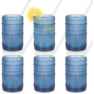 KMIGRUAN Large Hobnail Drinking Glasses Set of 6, 15oz Blue Vintage Glassware, Embossed Glass Cups, Water Tumbler, Highball Glasses For Beer, Juice And Various Mixed Drinks