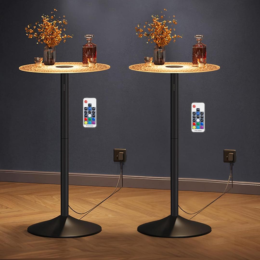VASAGLE Bar Table Set of 2, Round Cocktail Tables with Multi-Colored Lights and Glass Tops, Large Steel Base, 41.3 Inches Tall Pub Tables for Kitchen, Bistro, Parties, Cloud White and Ink Black