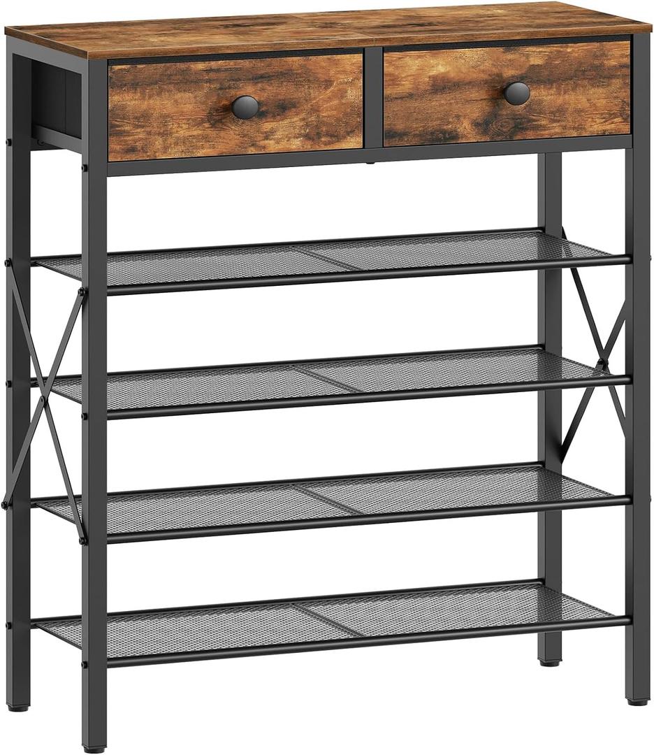 YATINEY 5 Tier Shoe Rack, Large Capacity Shoe Storage Organizer, Metal Shoe Shelf with Drawer and Wooden Top, for 20 Pairs of Shoes, for Entryway, Closet, Rustic Brown and Black SS25BRY1N1