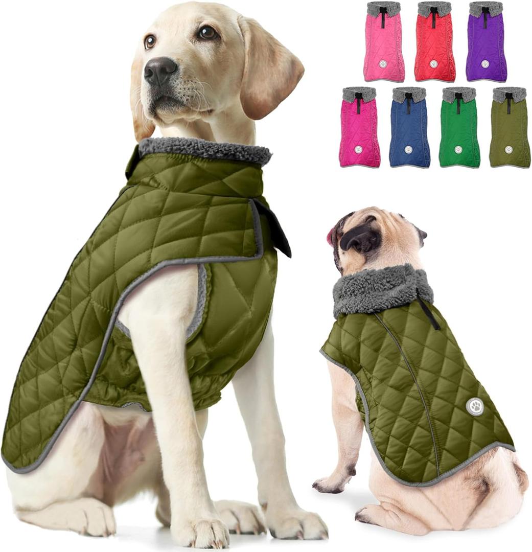 Fragralley Dog Winter Coat, Waterproof Windproof Reflective Fleece Jacket with Harness Hole, Warm Snow Vest Ideal Gifts (Olive) XL 