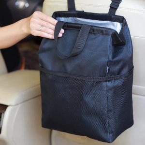 Ginsco New Leak-Proof Travel Car Trash Bag, 3.5 Gallons Large Capacity Hanging Car Trash Can with Velcro Lid and Handle, Multipurpose Trash Bin with Storage Pockets for SUV Truck RV Camping (Black)