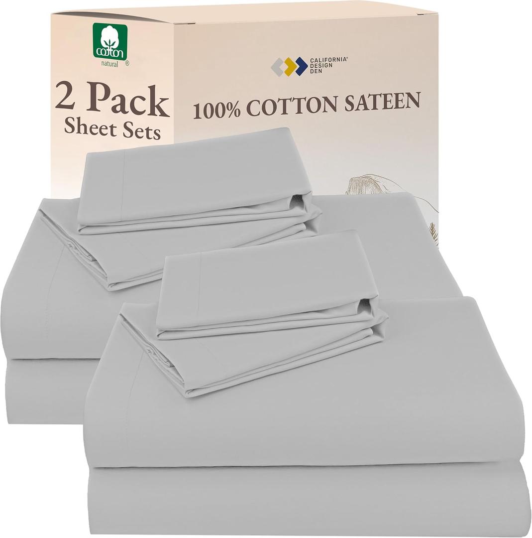 California Design Den 100% Cotton Pack of 2 Queen Size Sheet Set - Soft & Durable Sateen, Deep Pocket Queen Sheets (Light Grey)