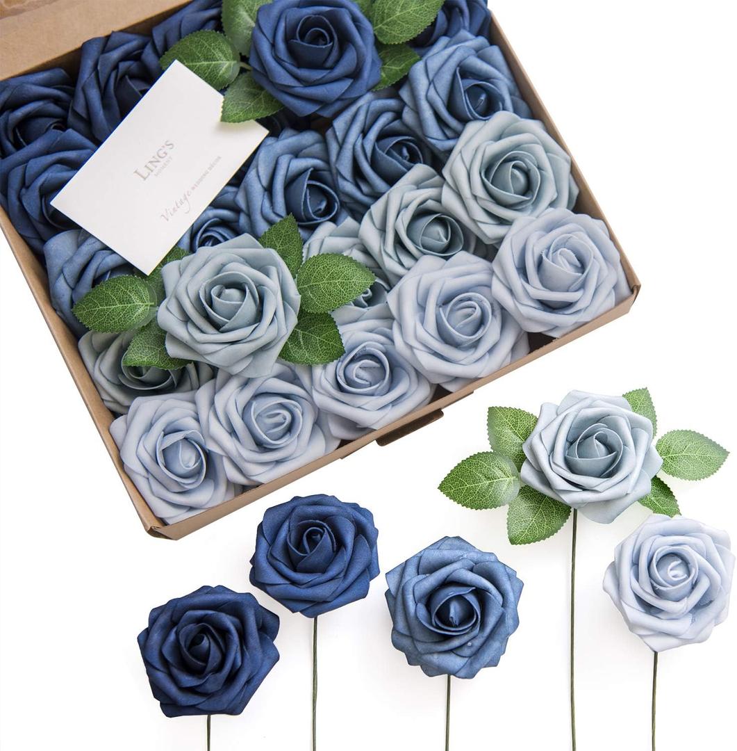 Ling's Moment Artificial Flowers, 25Pcs 3" Roses in Dusty Blue Shades, Realistic DIY Foam Floral Decor for Wedding Bouquets/Centerpieces, Outdoor Party Backdrops, Room/Table, and Garden/Pot Decoration (Shades of Navy Blue)
