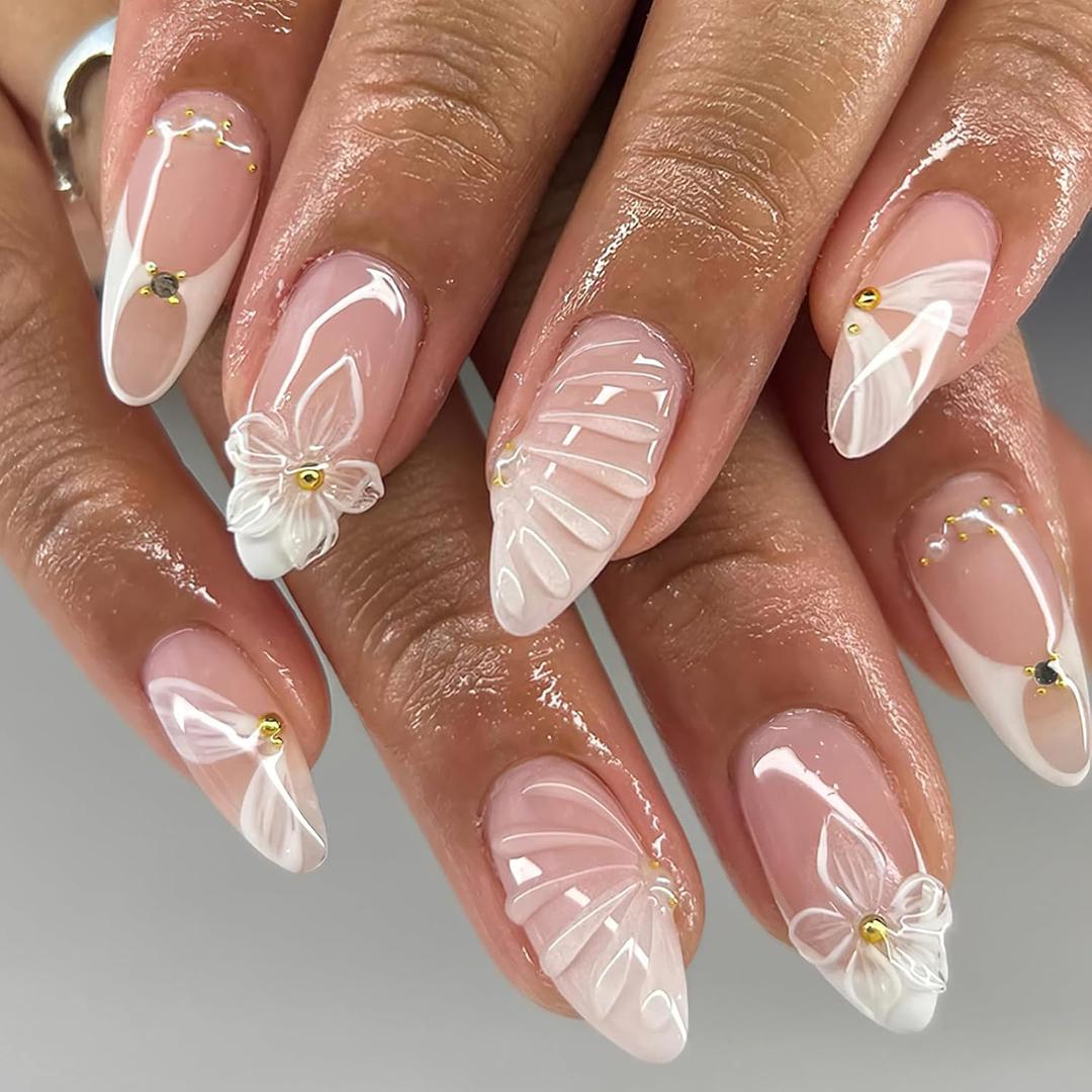 White French Tip Press on Nails Medium Almond Fake Nails with Gold Beads Designs Cute 3D Flower Seashell False Nails Glossy Elegant Ribbon False Nails Reusable Stick on Nails for Women 24Pcs
