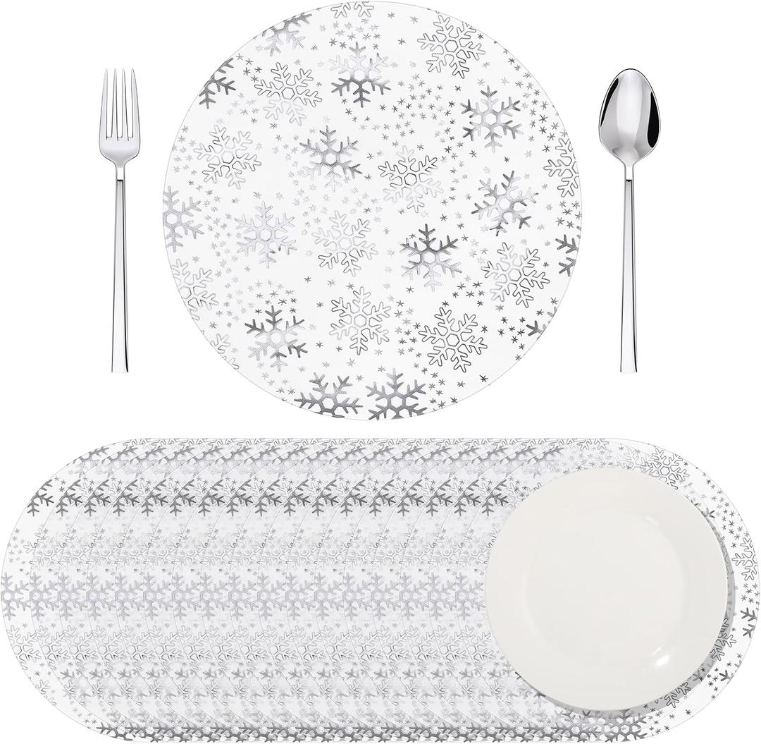 Vesici 50 Pcs Silver Snowflake Placemats 13 Inch Snowflake Winter Round Place Mats Metallic Glitter Foil Mesh Table Mat for Holiday Christmas Home Party Decoration