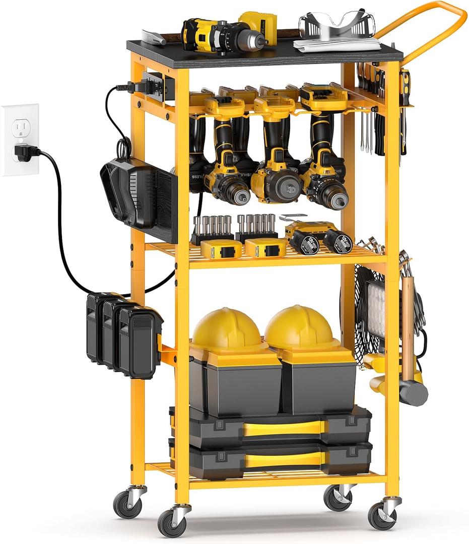 Power Tool Organizer Cart with Outlets, Rolling Carts with Wheels, Screw Driver and Drilll Utility Storage Shelf, Tools Battery Holder, PD&USB Ports, Small Workbench for DIY & Workshop Use