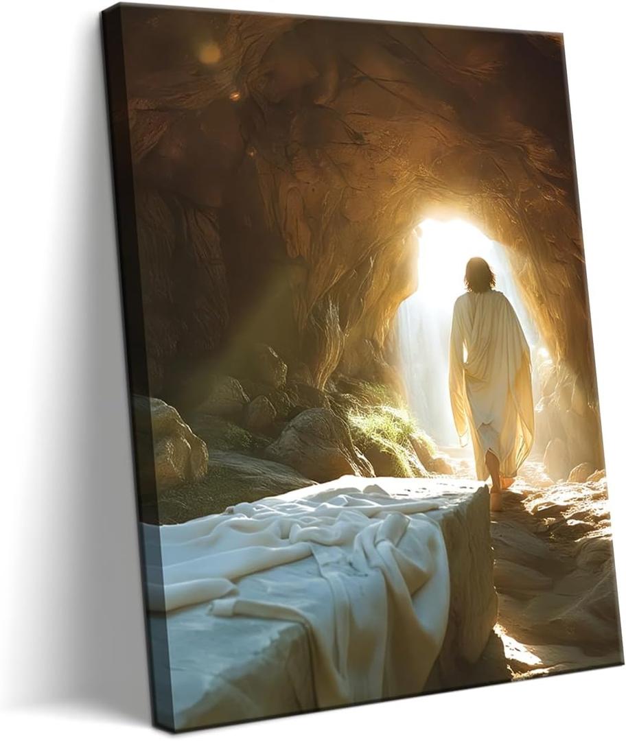 Framed Easter Jesus Canvas Wall Art, Christian Jesus Leaves the Tomb Wall Decor Painting, Religion Bible Savior Resurrection Poster Print Picture for Church Prayer Room Living Room 24x36 Inch