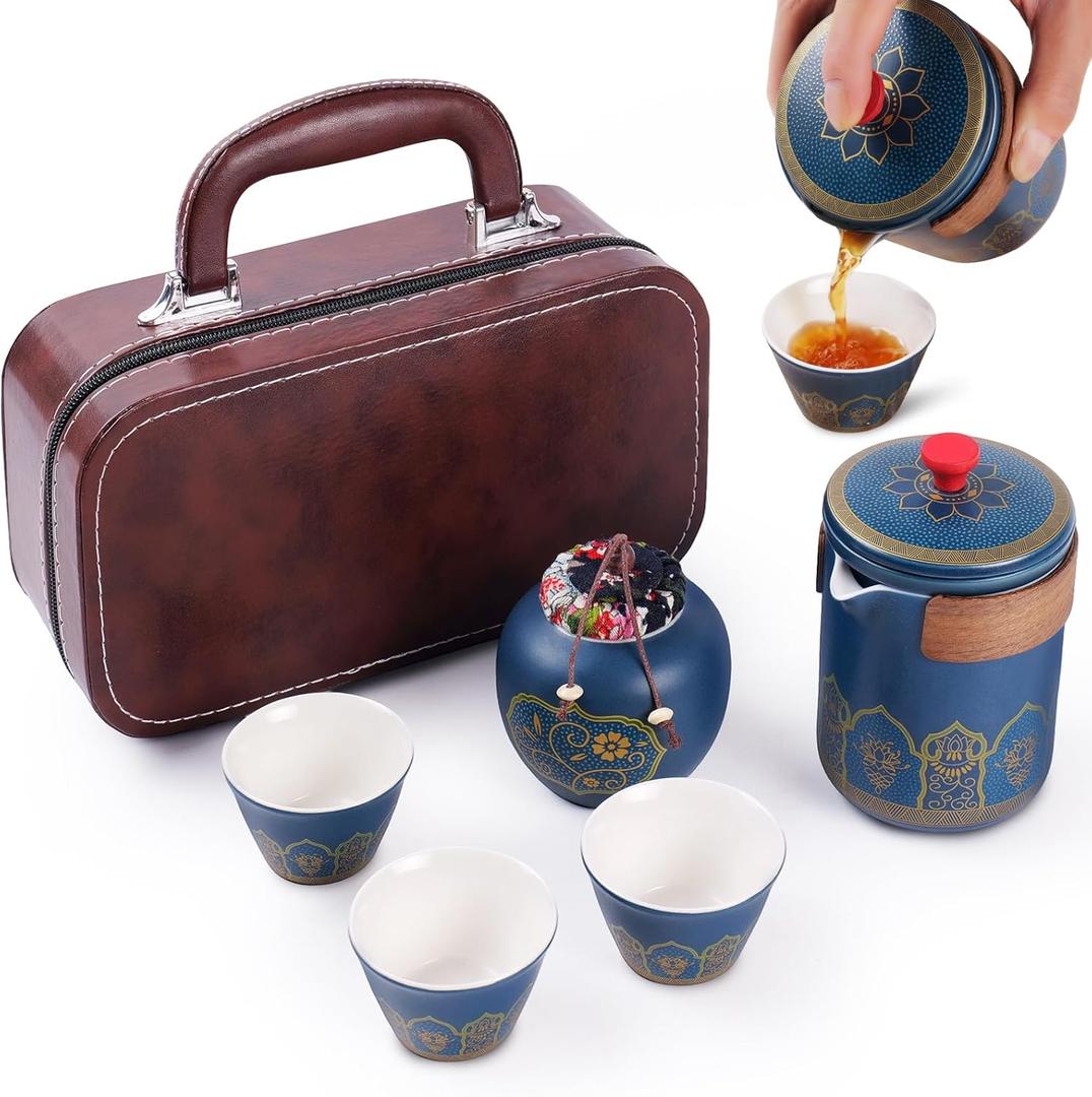 Portable Chinese Tea Set with Carrying Case, Navy Blue Ceramic, Gold Floral Design, Travel Teapot with Filter and 3 Tasting Cups