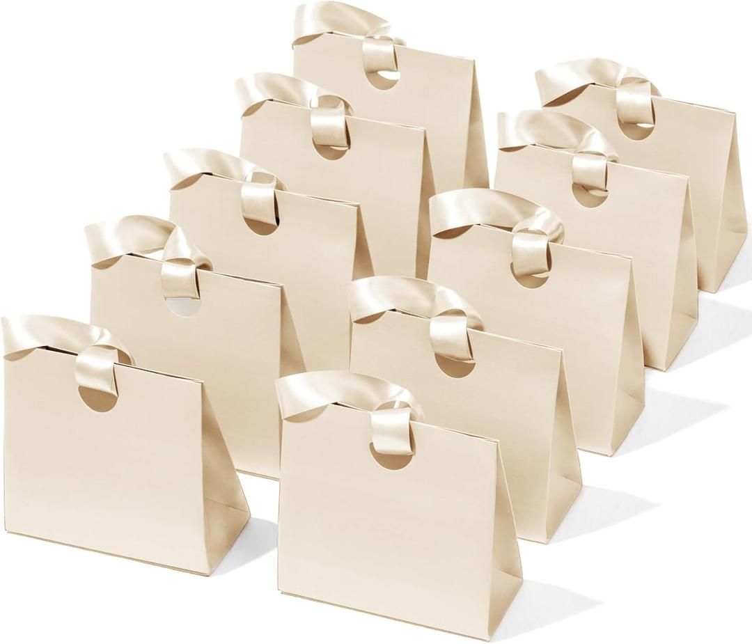 Vitalizart Paper Gift Bags With Ribbon Handles Set of 10 Cream White Bulk Reusable For Gift Wrap Girls Kids Birthday Bridal Shower Party Favors Goodie Bags Candy Christmas 6.1"x2.95"x5.71" Mini