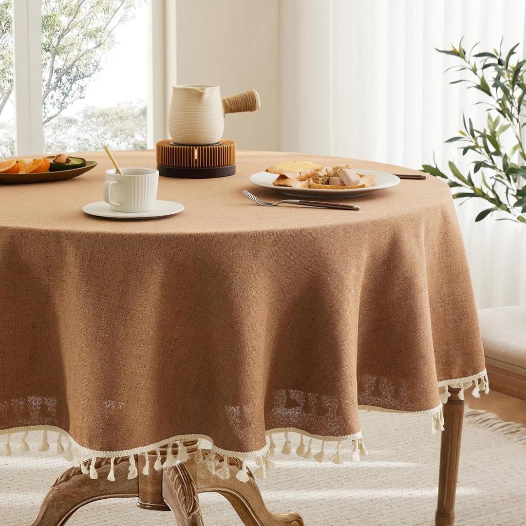 Linen Tablecloth with Tassels, Farmhouse Style Brown Tablecloth, Water Resistant Burlap Tablecloths for Round Table, 52 Inch Round Caramel