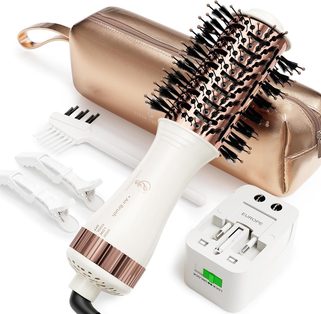 Travel Blow Dryer Brush in one, Dual Voltage 110V-240V Mini Hot Air Brush, Hair Trends Nano Titanium 2 Inch One Step Hair Dryer and Styler Volumizer Oval Shape (White & Rose Gold)