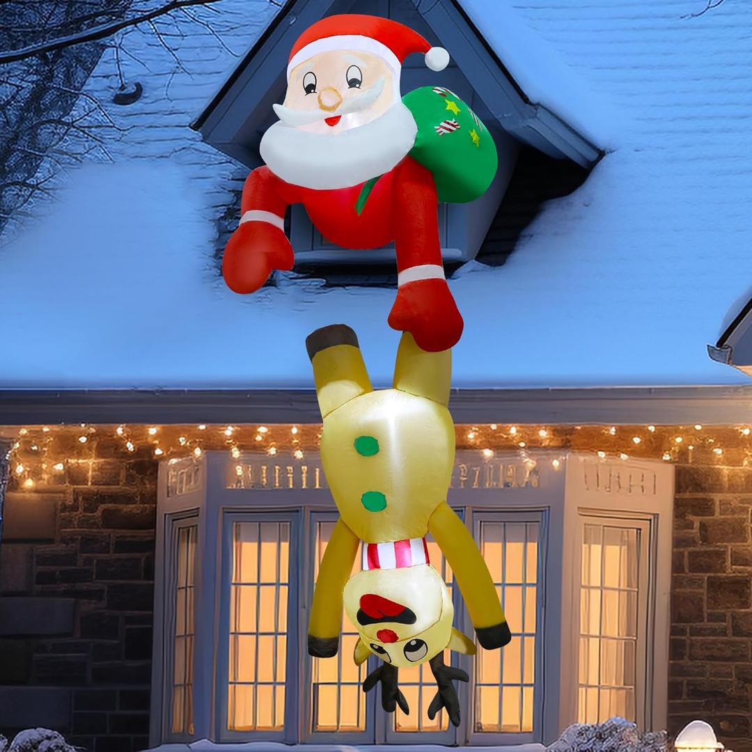 DR.DUDU 7 FT Christmas Inflatable Outdoor Decorations, Blow Up Santa Claus with Reindeer Hanging Xmas Inflatables Decor with LED Lights for Yard Lawn Porch Garden Holiday Party