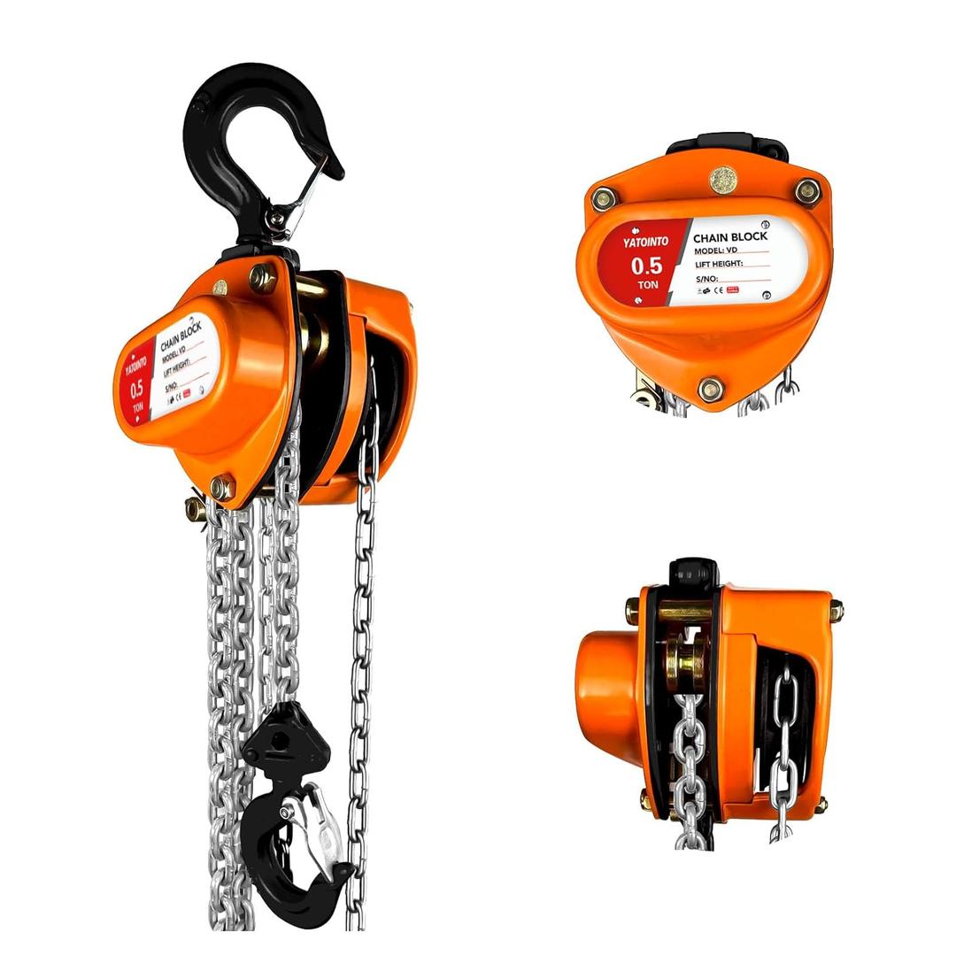 YATOINTO Chain Hoist 1/2 Ton (1100Lbs) Capacity 10FT, Manual Hand Lift Chain Block Hoist with 2 Heavy Duty Hooks, Industrial Grade Structures, Hand Chain Hoist for Garages Automotive Machinery