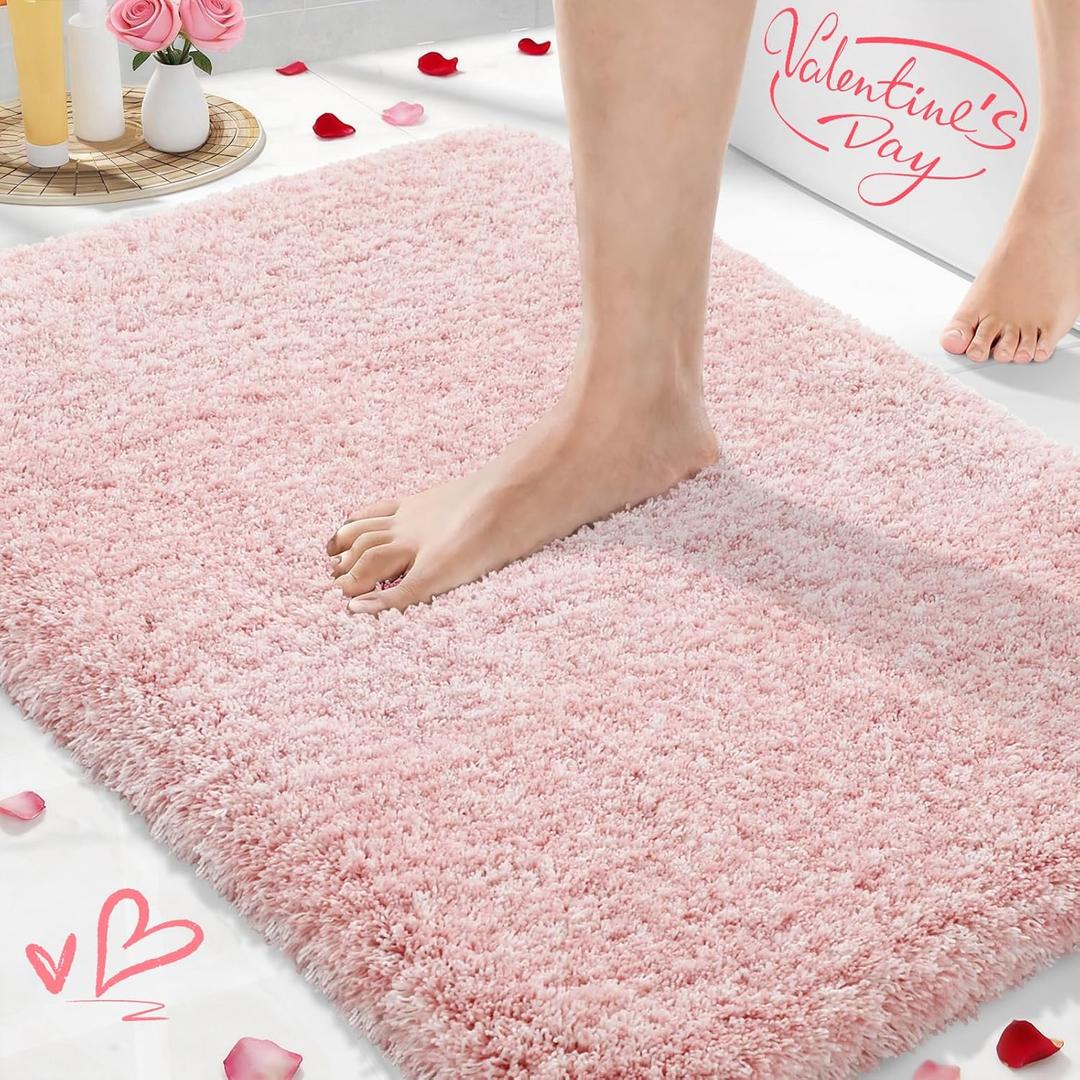Yimobra Bathroom Rugs Non Slip Washable 36x24, Ultra Soft and Water Absorbent Bath Mats, Plush Fluffy Shower Mat Outside, Luxury Microfiber Thick Matts for Bathroom Floor/Tub, Light Pink and White