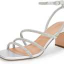 CosyFever Womens Rhinestone Sandals Ankle Strap Square Toe Dressy Heels Shoes for Party Wedding Dressy Dating (9, Silver)