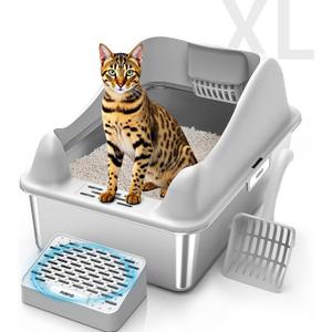 Furkid Stainless Steel Cat Litter Box with Lid, XL Extra Large Litter Box for Big Cats, High Sided Kitty Metal Pan with Pedal Filter and Scoop, Non-Sticky&Anti-Leakage Easy Cleaning Gray