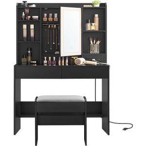 VASAGLE Vanity Desk with Mirror and Lights, 35.4-Inch Wide, with Stool, 35.4"W x 56.9"H With Stool