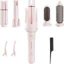 5 in 1 Automatic Curling Iron Set with Interchangeable Ceramic Barrels, Straightening & Volumizing Brush, 3 Temp & Timer, Fast Heating Dual Voltage  1/1.25/1.57 Inch Set