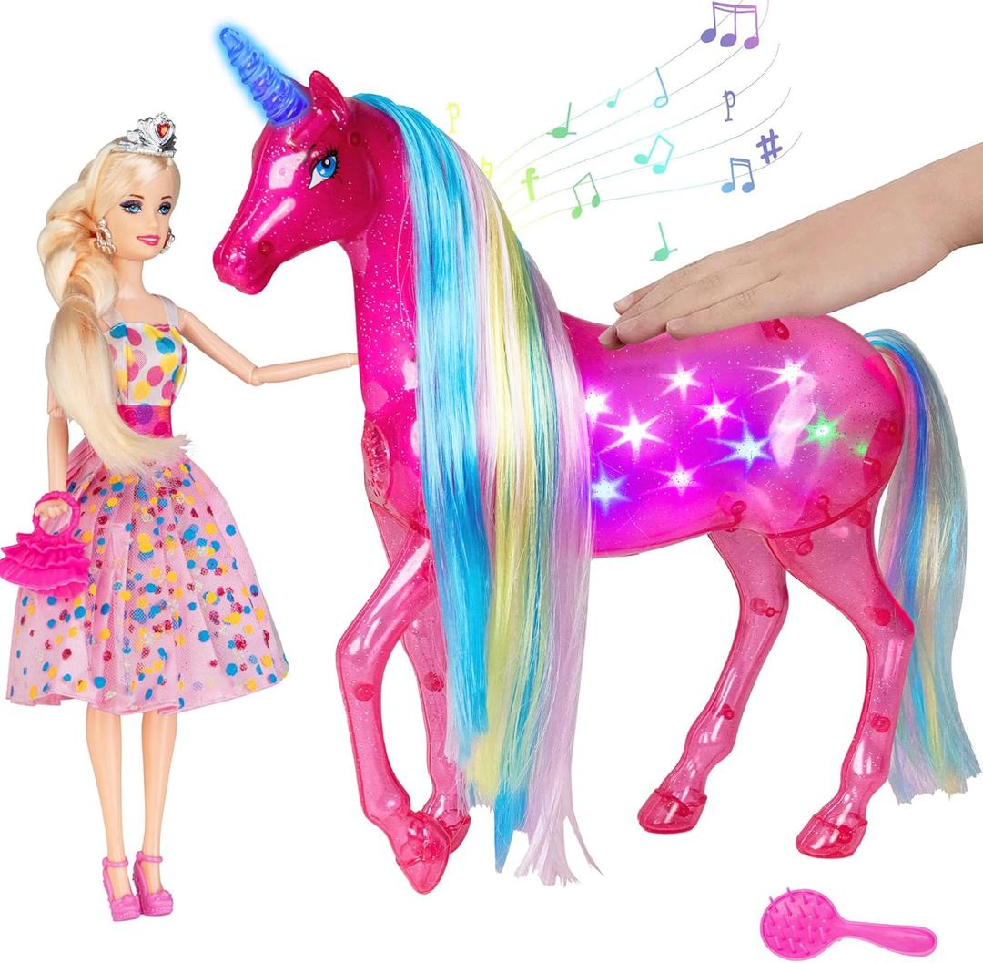 BETTINA My Dreamy Unicorn and Princess Doll Playset, Large Size Unicorn Toys with Magical Rainbow Lights & Realistic Horse Sounds, Ideal Unicorn Gifts Horse Play Set for Girls 3-9