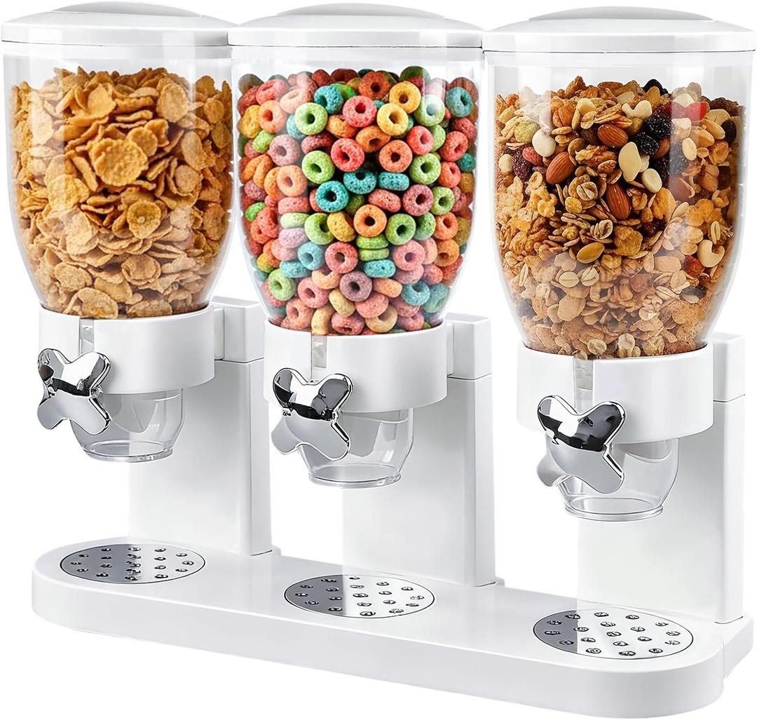 Triple Cereal Dispenser Countertop 2L, Airtight Cereal Containers Storage, Large Capacity Total 6L for Kitchen Pantry, Rotating Dry Food Dispenser for Candy, Nut, Coffee Beans, White