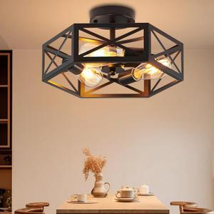 Gugxiom 3 Light Semi Flush Mount Ceiling Light, Modern Farmhouse Living Room Light Fixture, Black Light Fixture, Modern Metal Hexagon Cage Ceiling Lamp for Kitchen Bathroom (3