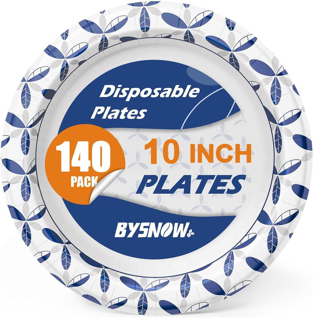 BYSNOW 140 Pack Paper Plates 10 inch, Disposable Heavy Duty Bulk Plates, Soak Proof for Dinner, Party, Birthday and Picnic
