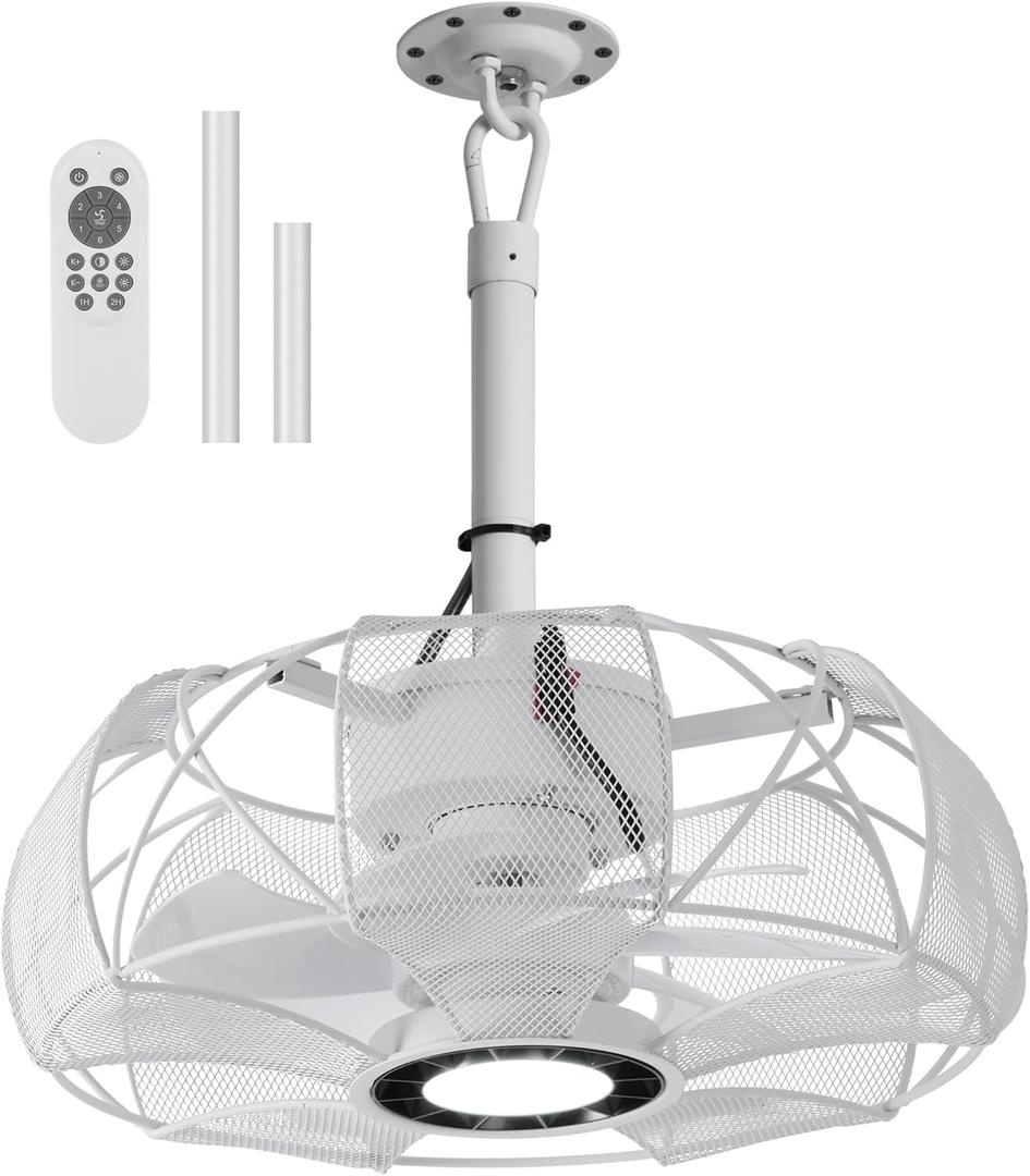 White Outdoor Ceiling Fan with Light, 15 In Portable Hanging Ceiling Fan with Hook & Remote Smart App, Plug in Outdoor Fans for Patios Porch Yard Garage Gazebo