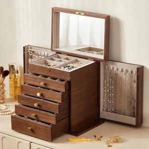 Black Walnut Wooden Jewelry Box for Women with Lock, Mirror, 6 Layer