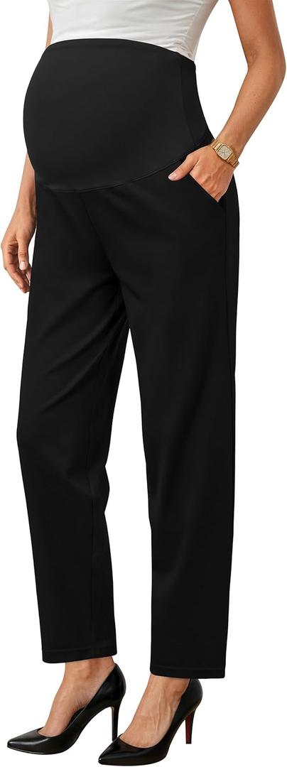 OUGES Womens Stretchy Maternity Over Belly Casual Work Straight Leg Pants Ankle Business Office Trousers with Pockets (Large, Black)