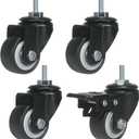 ZIIYAN 1.5 inch Stem Caster Wheels, Black Threaded Stem Caster WheelM6 x 15mm PU No Noise Swivel Castors with 360 Degree Rotation, Pack of 4 (One with Brake)