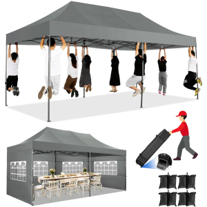COBIZI 10x20 Pop Up Canopy Without Sidewall, Heavy Duty Canopy UPF 50+ All Season Wind Waterproof Commercial Outdoor Wedding Party Tents for Parties Canopy Gazebo with Roller Bag(10 x 20 ft Gray)
