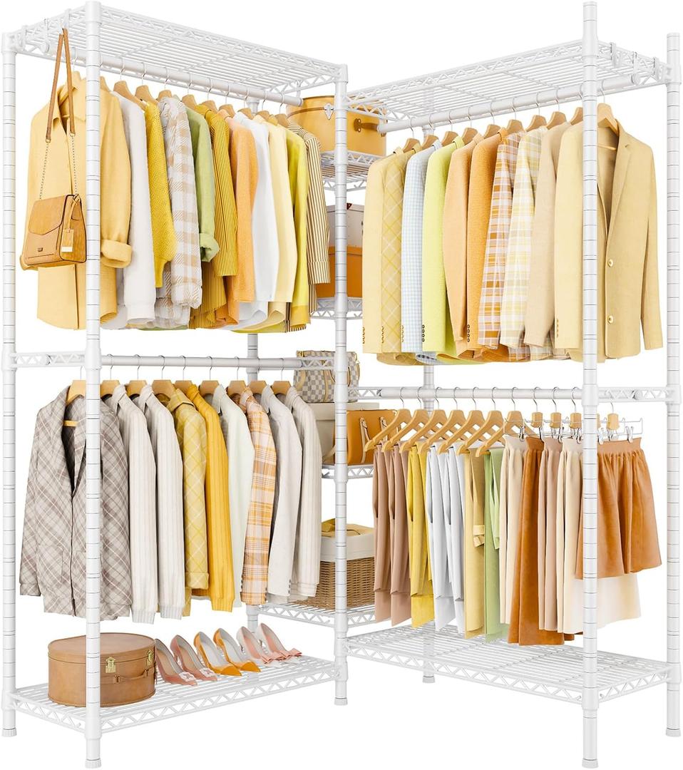 Ulif E4L L-shaped Clothing Rack for Corner, Heavy-Duty Freestanding Garment Rack, Metal Clothes Storage Organizer System with Shelves and Hangers, Max Load 962lbs, 42.7" W x 42.7" D x 79.3" H, White
