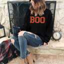 MYHALF Halloween Sweatshirt for Women Boo Embroidered Sweaters Cute Spooky Season Shirt Long Sleeve Fall Winter Pullover Tops (Black, L)