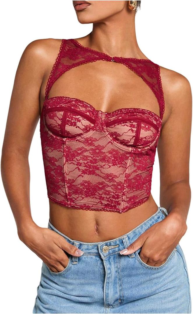 WDIRARA Women's Cut Out Lace Crop Bustier Corset Tank Top Sexy Going Out Party Club Tops (Red), M