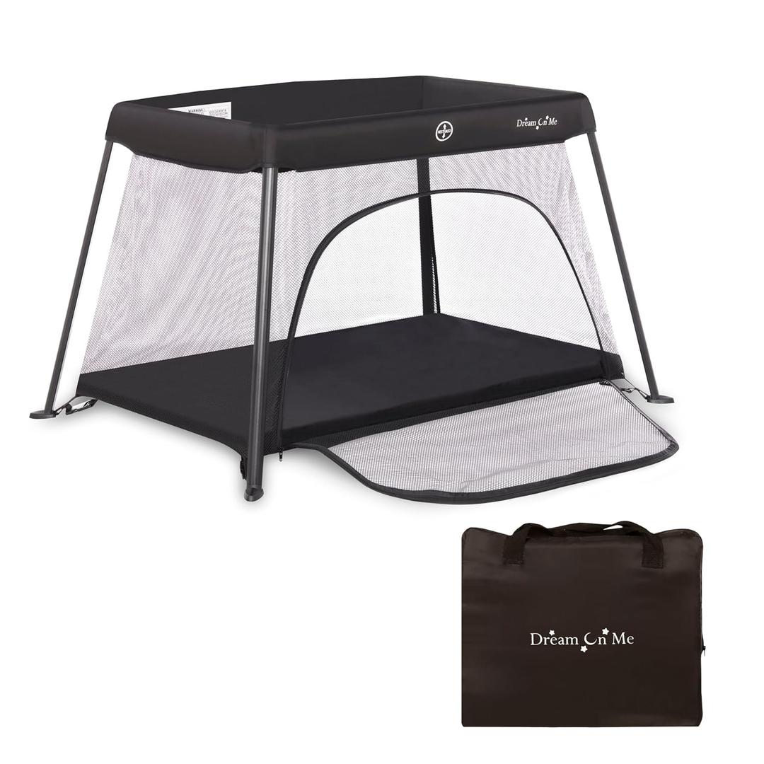 Dream On Me Travel Light Baby Playard with Zipper Access Door, Breathable Mesh Sides with Soft Comfortable Mattress, Easy Fold Design with Travel Carry Bag, Compact Space Saving Design - Black