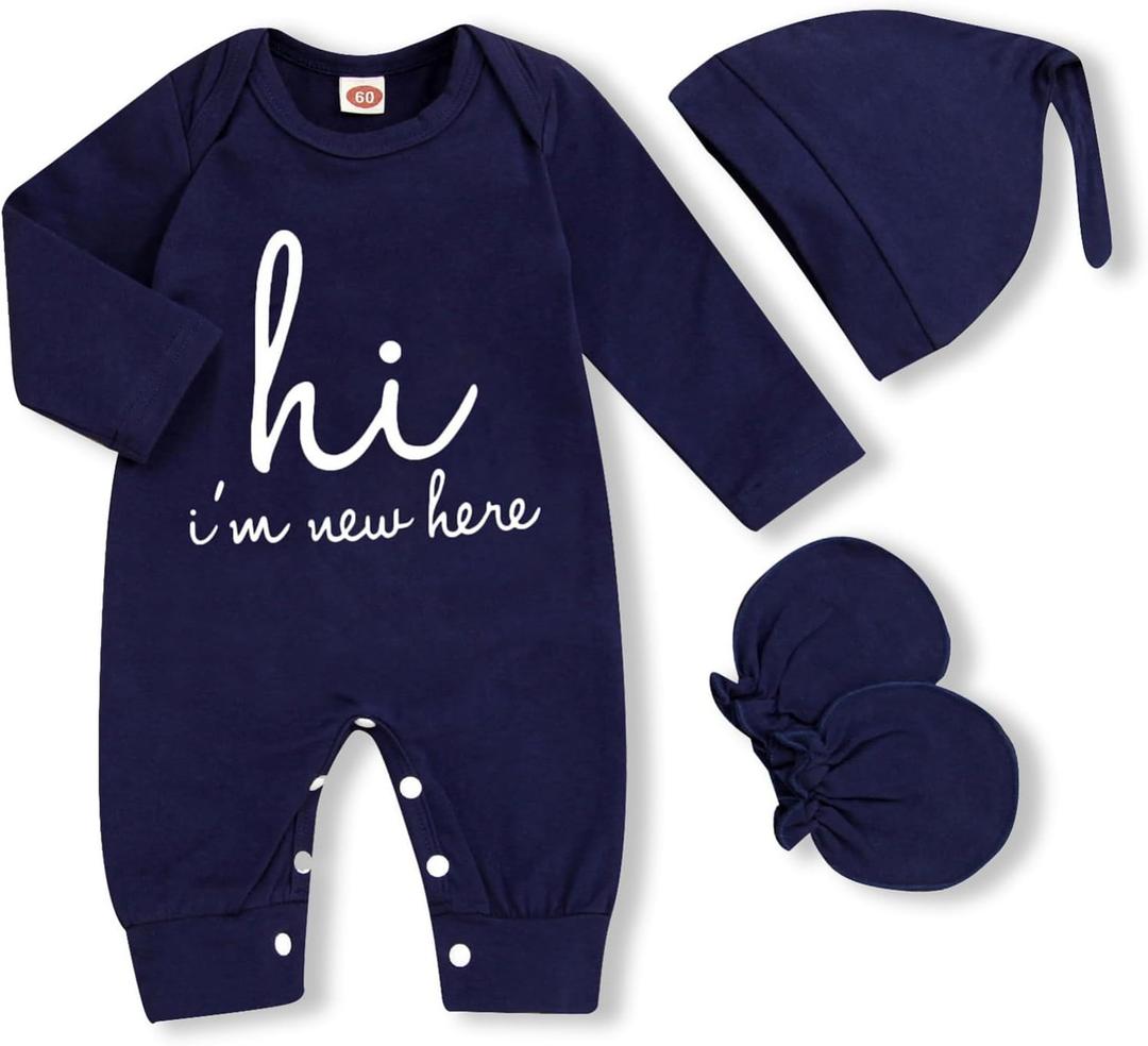 GRNSHTS Newborn Baby Boy Romper Coming Home Outfits Letter Print Bodysuit Jumpsuit+Hat+Gloves 3PCS Clothes Set (A-navy Blue)