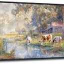 JEAWA Framed Canvas Wall Art - 20x40 IN Watercolor Landscape Painting Ready to Hang, Country Picture with Wooden House and Green Trees, Cow Art Prints for Bedroom Bathroom Home Decoration