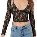 Women Going Out Tops Long Sleeve Sexy Lace Mesh Sheer Y2k Crop Top T Shirts Blouse 2024 Women Clothing Streetwear (Small, .Black)