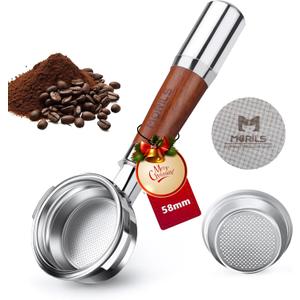 Bottomless Portafilter 58mm with Double Shot Filter Basket & Premium Walnutwood Handle, Portafilter with Puck Screen Compatible with All Breville 58mm Machines, Espresso Accessories, Silver (58mm Fits E61/2 Ears)