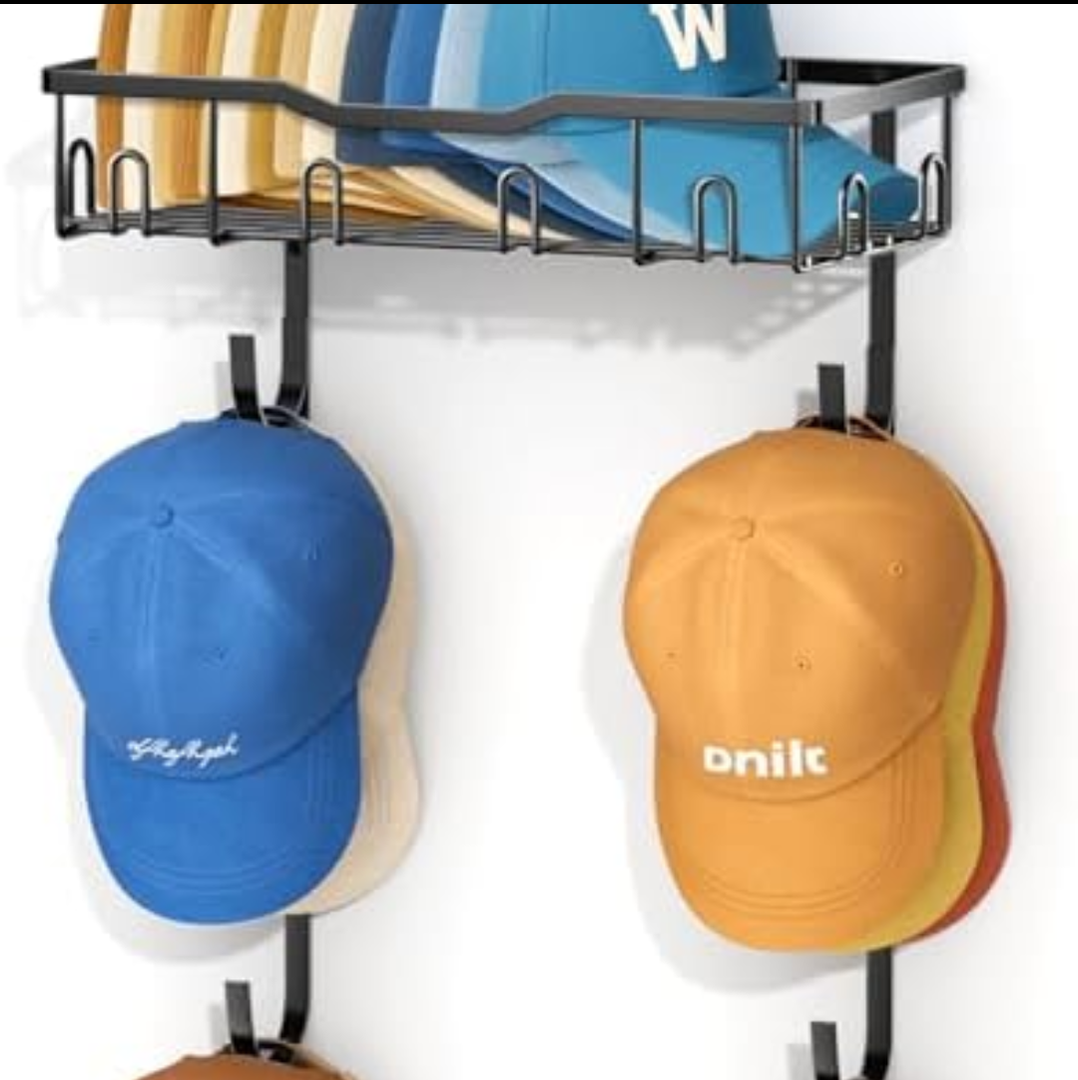 AOODA 40 Caps Hat Rack for Wall, Metal Hat Organizer Storage for Baseball Caps with Shelf and 4 Hooks Design, Hanging Cap Holder Hanger for Closet, Bedroom (Black)