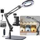 LED Magnifier Desk Lamp with Stand and Clamp, 3 Color Modes & Stepless Dimming 5-Diopter Glass Lens, Adjustable Swivel Arm - Magnifying lamp for Close Work, Repair, Crafts, Reading