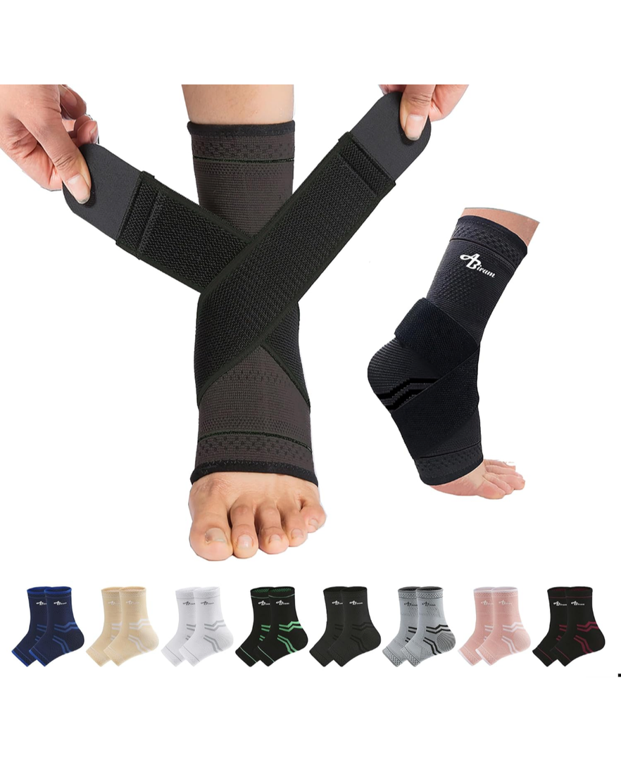 ABIRAM Ankle Brace, Ankle Compression Sleeve, Foot Sleeve (1 Pair) with Strap, Ankle Support for Sprained Foot & Arch, Plantar Fasciitis Relief Socks, Achilles Tendonitis, Women & Men,For Sports M