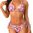 Women Halter Bikini Set - Two Piece Triangle Swimsuit Tie Bathing Suit 2025 Cute Swimwear Orange Colorful Floral Large