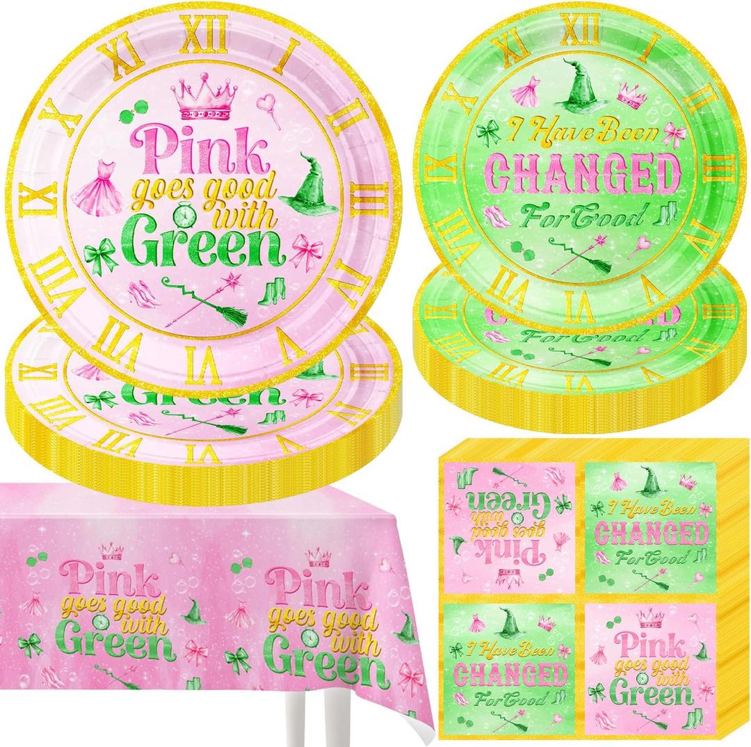41pcs Witch Birthday Party Decorations Tableware Happy Birthday Party Supplies Include 10pcs Pink Plates,10pcs Green Plates,20pcs Napkins and 1pcs Waterproof Tablecloth