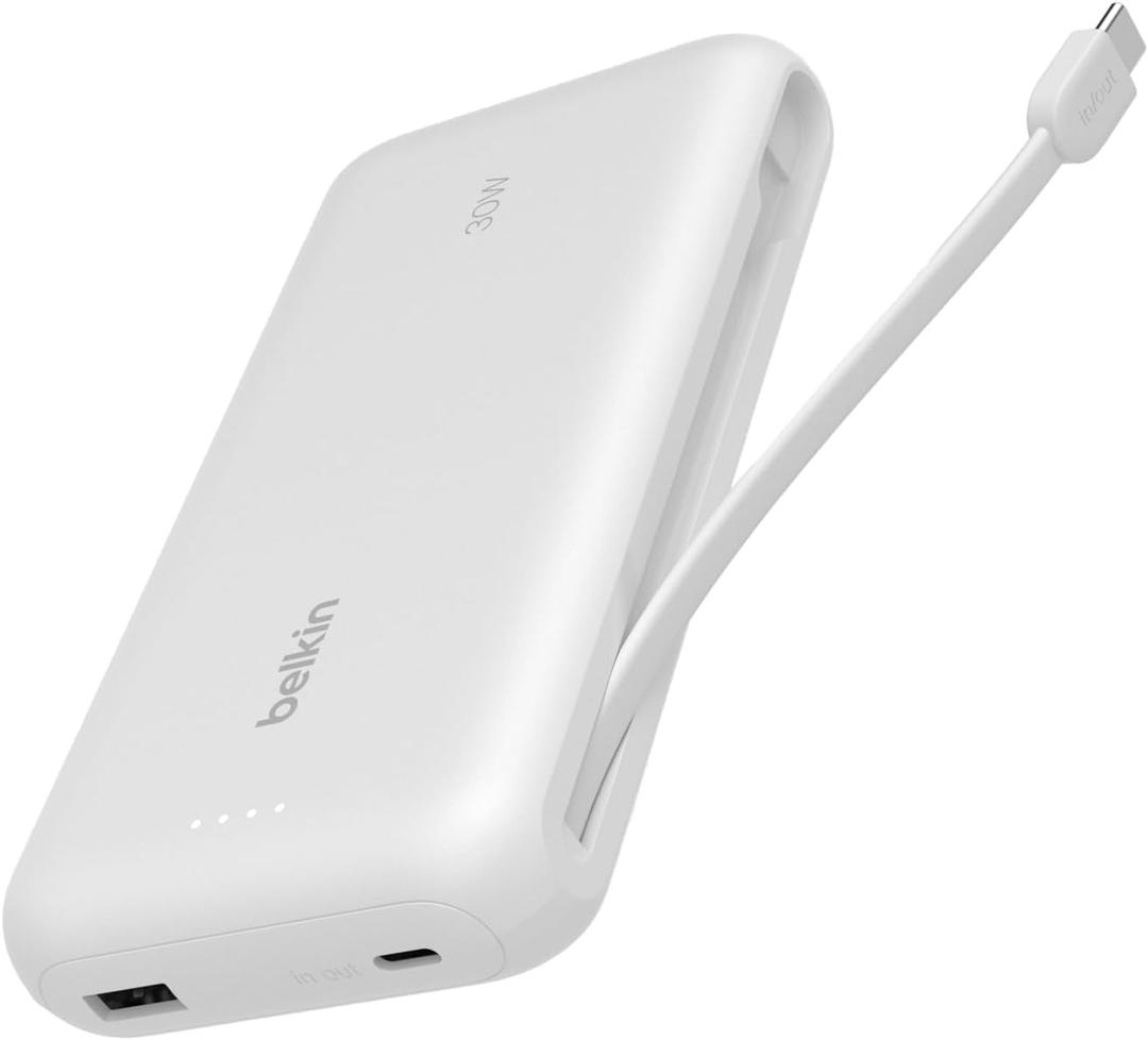 Belkin Power Bank with Integrated Cable, Fast Charging USB-C, 20000 mAh 30W, Portable Charger Power Bank USB C for iPhone 17, Air, Pro, Pro Max, iPad, AirPods, Apple Watch, Galaxy S25, & More - White