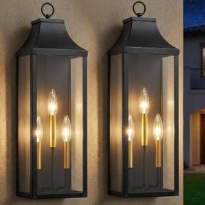 2-Pack 24" Large Outdoor Wall Lights,E12 Black Exterior Light Fixture Wall Mount, Farmhouse Porch Lights Outdoor Wall Lantern with Clear Glass, Waterproof Outside Sconce Lights for House Garage, 24 Inch-No Sensor
