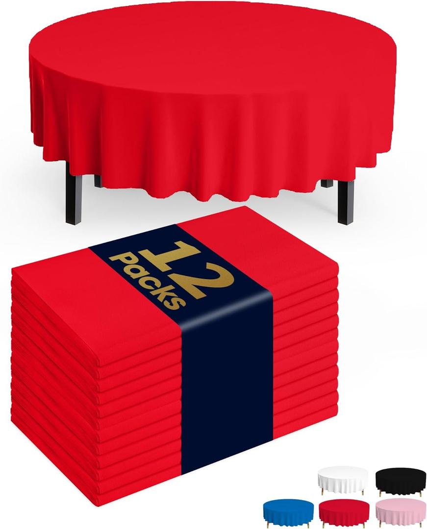 Pureegg Plastic Table Cloth Disposable 12 Pack, 84'' Round Table Cloths, Valentines Day, Thanksgiving, Christmas Decorations, Fall Tablecloths, Round, Plastic Cover, Leakproof & Sturdy, Red