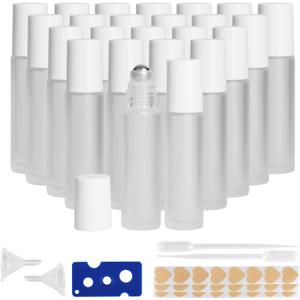 10ML Glass Essential Oil Roller Bottles,24 Pack Clear Frosted Oil Roller Bottles for Essential Oils, refillable rollerball bottle(24 Labels, Opener, Funnel, Dropper Included)